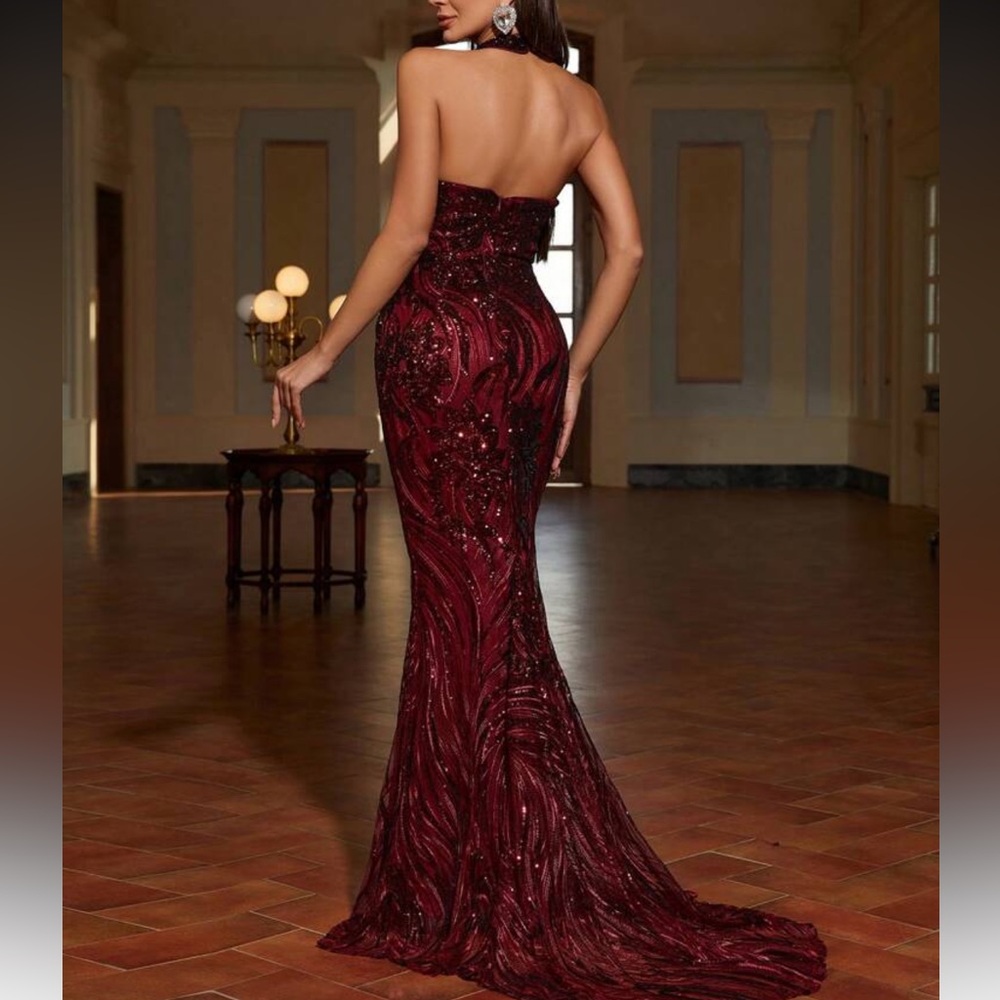 Luxe plunging V neck sequins mermaid hem party formal evening bridesmaids dress - Picture 2 of 6